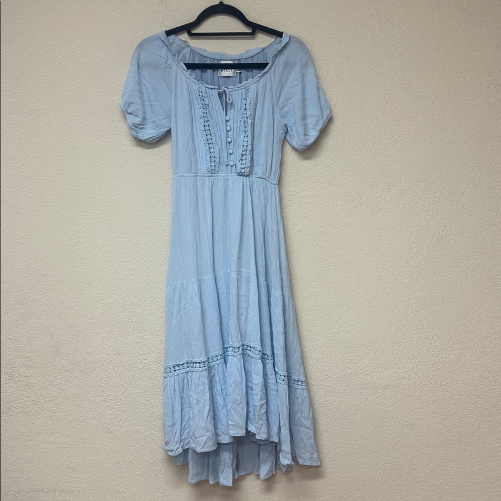 Hello Molly womans in the clouds Powder Blue V-Neck Tiered Midi Dress L - Picture 2 of 5